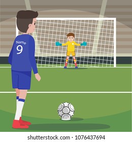 vector character soccer player at penalty shoot position with goalkeeper standing at soccer goal