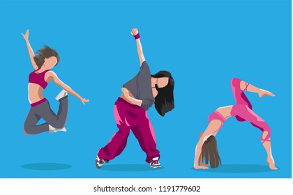 Vector character of sporty women in action. Three female characters, Vector Isolated illustration for print on T-shirt and bags, yoga studio and fitness club posters