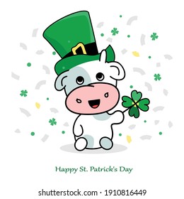 vector character for st patrick's day, kid bull in green hat and clover, open card invitation to the holiday