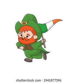 Vector character for St. Patrick's day. A leprechaun with a flag in his hand. Running man in a green suit. Vector illustration. Stock vector. Red beard.