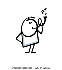The vector character stickman plays a loud melody on the trumpet. An illustration of a funny musician and cartoon notes. svg