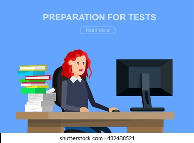 Vector character student woman. University courses, online education, exam preparation. University education banner, vector student 