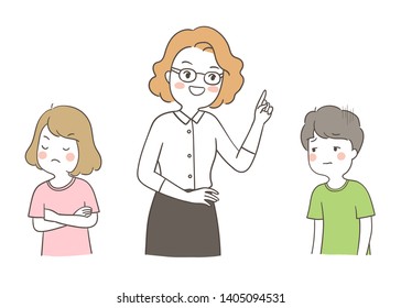 Vector character students angry and teacher scolding a boy.School concept.Draw doodle cartoon style.