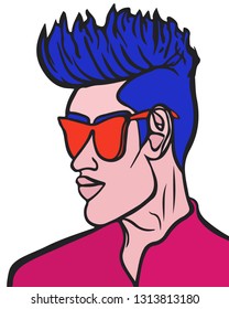 Vector character of stylish man with blue hair, purple shirt and orange sunglasses. Illustration for t-shirt print, card or poster. Isolated portrait on white background. Fashion drawing