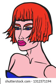 Vector character of stylish woman with orange hair, pink lips, blue dress and eyes. Illustration for t-shirt print, card or poster. Isolated portrait on white background. Fashion drawing