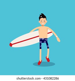 Vector character with a surfboard goes to the sea to surf. Male character in flat style - boy with surf - illustration in simple trendy style