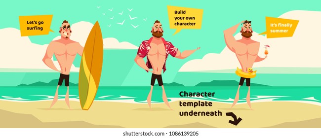 Vector character template. Cartoon style illustration. Hipster man with beard. Beach, summer, vacation, ocean. Surfing board.