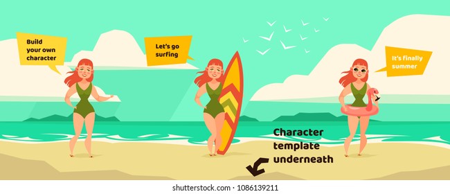 Vector character template. Cartoon style illustration. Fit woman in swimsuit. Beach, summer, vacation, ocean. Surfing board.