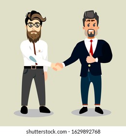 Vector character of two businessmen. Handshake of satisfied men. The conclusion of a bargain. Agreements reached in business.