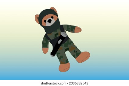 Vector character Ukrainian bear in uniform and with weapons. Children's toy for Ukrainian children. Thank you volunteers for your help!
