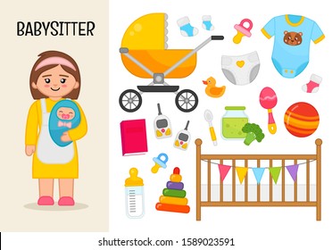 Vector Character Veterinarian. Illustrations Of Babysitter
 Equipment. Set Of Cartoon Professions.