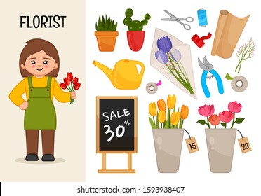 Vector character veterinarian. Illustrations of florist
 equipment. Set of cartoon professions.