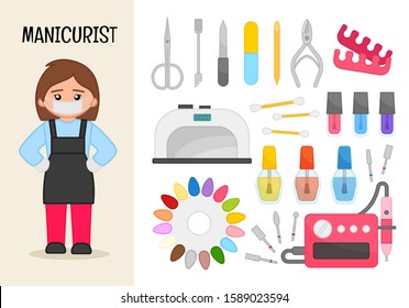 Vector character veterinarian. Illustrations of manicurist
 equipment. Set of cartoon professions.