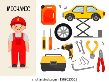 Vector character veterinarian. Illustrations of mechanic
 equipment. Set of cartoon professions.