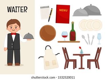 Vector character waiter. Illustrations of waiter equipment. Set of cartoon professions.