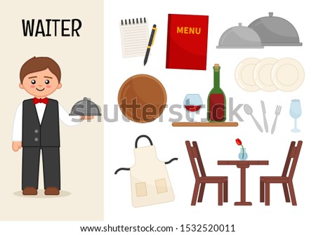 Vector character waiter. Illustrations of waiter equipment. Set of cartoon professions.
