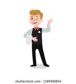 Vector character waiter wearing the uniform. 