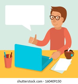 Vector character wearing glasses and working on his laptop in flat retro style