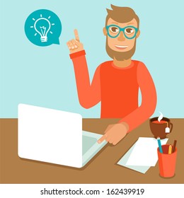 Vector character wearing glasses and working on his laptop in flat retro style
