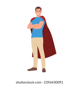 A vector character wearing a red cape with folded hands, or crossed arms. Flat vector illustration isolated on white background