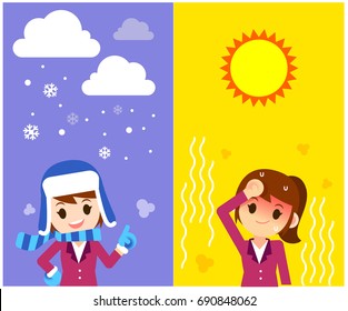 Vector Character, Weather Forecast Women Reporter with different weather, Symbol, Sign