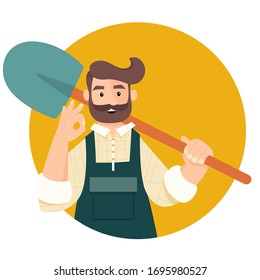 Vector character for website,worker with a shovel, builder construction worker 