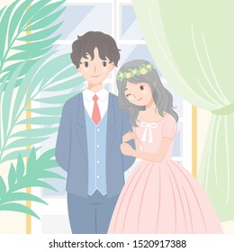 Vector character wedding couple standing arm in arm window house background