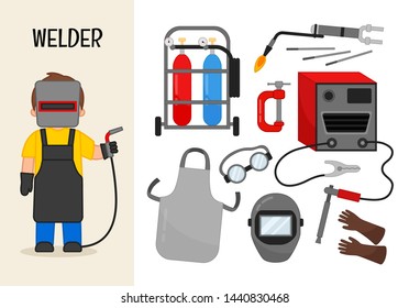 Vector character welder. Illustrations of welding equipment. Set of cartoon professions.