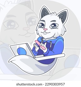 Vector character white cat with laptop in cartoon style.