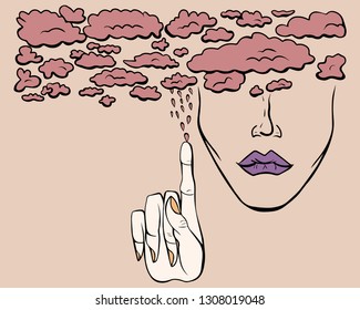 Vector character of woman face with violet lips, hand and clouds. Illustration for t-shirt print, card or poster. Finger, hand gesture. Isolated head portrait on light pink background