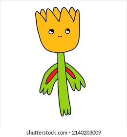 carácter vector - una flor amarilla con una cara. Niños de 70 y 80 años. Logo para una empresa orgánica, florista, jardín, granja. Plantilla de tatuaje. Pegatina rápida aislada de tulipanotipo