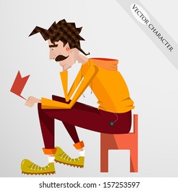 Vector character. A young man in a colorful clothes, sitting on a chair with a flag in hand. mustache style. Modern digital design. Hipster character.