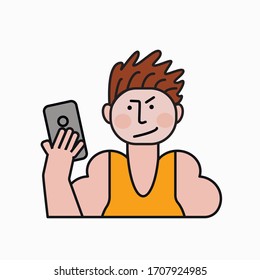 vector character - a young man. Muscular athlete takes a selfie