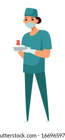 Vector character of young nurse in mask holds tray with medicines. Cartoon flat design isolated on white background. Medical specialist appointment, treatment in hospital or clinic, healthcare Concept
