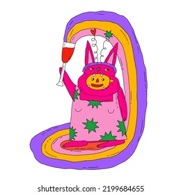 vector character-1970 psychedelic 
christmas rabbit with champagne .Symbol of 2023-bunny.A man in a hare costume.Disco carnival.Festival celebration new year.funky and groovy party.Sublimation print.