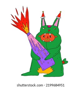vector character-1970 psychedelic 
christmas rabbit with champagne .Symbol of 2023-bunny.A man in a hare costume.Disco carnival.Festival celebration new year.funky and groovy party.Sublimation print.