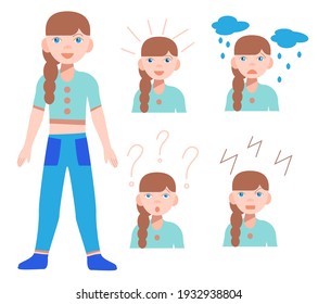 Vector character-a little cute girl. Set of emotions of a girl. Joy, sad, angry, surprise. Emotional avatars are isolated on a white background. Flat cartoon style vector illustration.