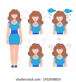 Vector character-a pretty woman. Set of emotions of a girl. Joy, sadness, anger, surprise. Change of mood. Emotional avatars are isolated on a white. Flat vector illustration in cartoon style.