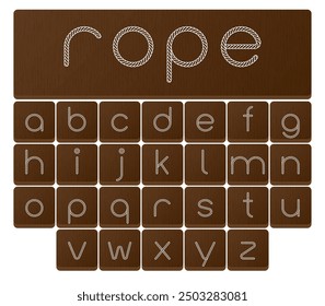 Vector characters of the alphabet formed by rope. Wooden background.