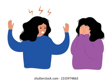 Vector characters. An angry girl screams at her friend, who covers her face with her hands in fear. Friendly misunderstanding, quarrel. Colored flat illustration.