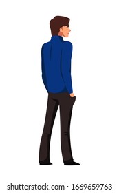 Vector characters casual man standing back and looking forward. Standing pose of back view man, worker or businessman and isolated person on white background. Cartoon flat character design