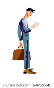 Vector characters casual man standing side and looking at smartphone screen. Standing pose of side view busy businessman or traveler. Cartoon flat character design isolated person on white background