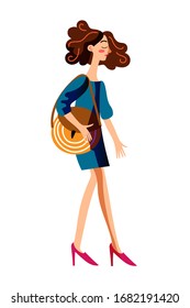 Vector characters casual young pretty girl walking with handbag. Standing pose of side view woman shopping or busy businesswoman. Cartoon flat character design isolated person on white background