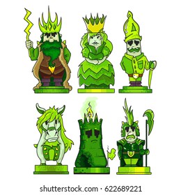 Vector characters for chess. King, queen, bishop, knight, rook / castle, pawn. Black chess. Isolated on white background. Cartoon style.