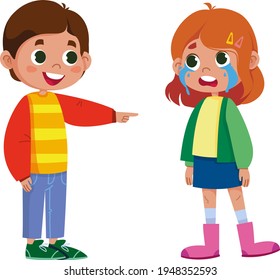 Vector, characters, children, bullying, abuser. The boy points his finger at the crying girl. Social illustration of bullying in school and childhood.