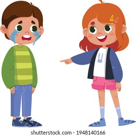 Vector, characters, children, bullying. The girl points her finger at the boy who is crying and laughing. Social illustration of bullying in school and childhood.