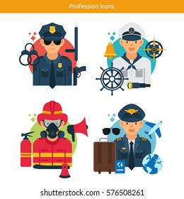 Vector Characters Collection.Set of 4 different professions in flat style.
Police, Sailor, Firefighter, Pilot