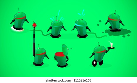 Vector characters collection seven cartoon robots frogs for garden garden and pool watering gather digging