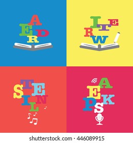 Vector characters communication collection of reading, writing, listening and speech in colorful background.