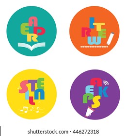 Vector characters communication collection of reading, writing, listening and speech in colorful background.